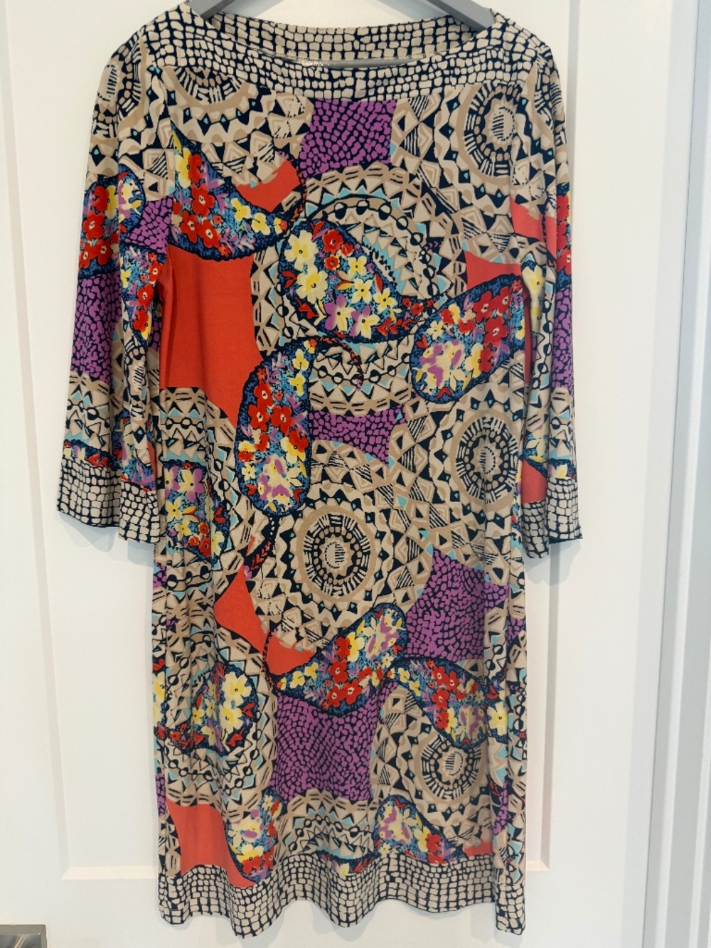 ECI Boat Neck Dress Quarter Sleeves Orange Blue Size 10